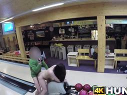 Dark-Haired cheats on her bf for currency at a bowling place